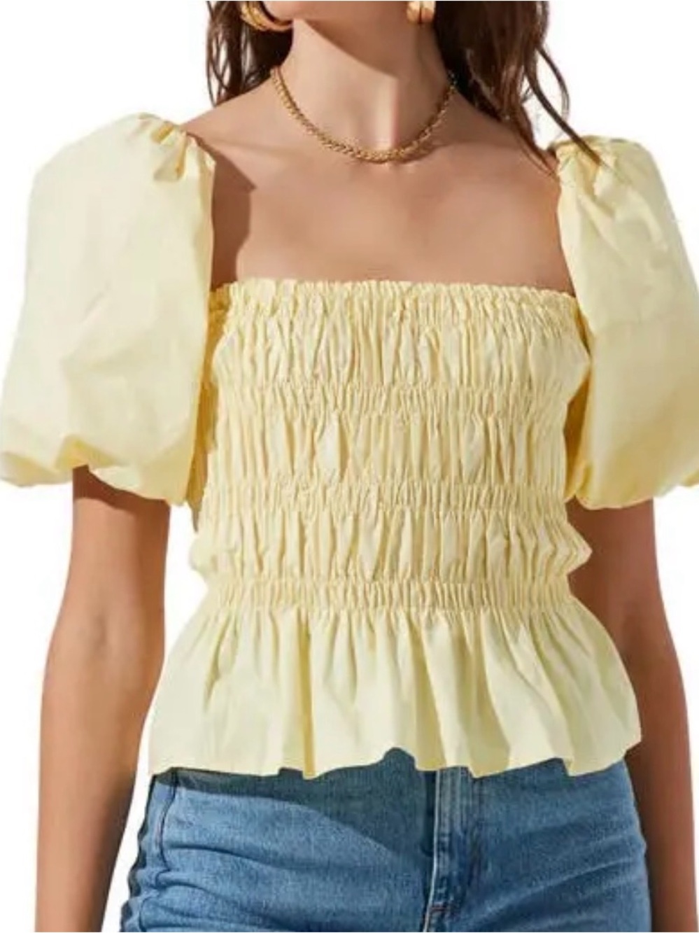 Astr Yellow Smocked Puff-Sleeve Square Neck Blouse